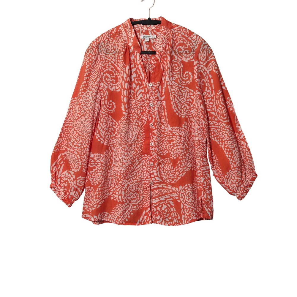 Chico's Ramie Blend Paisley Button‎ Down Blouse Orange White US 8 Summer Resort